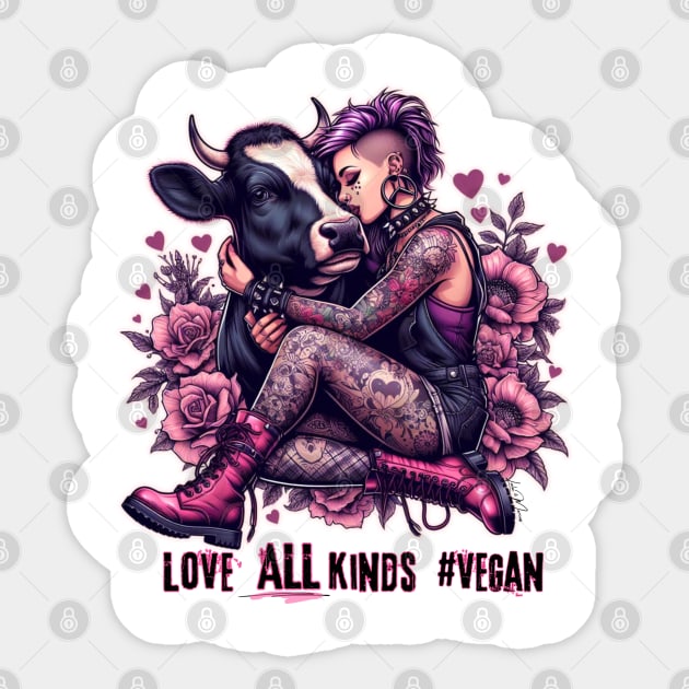 Punk Rock Goth Vegan Girl and Cow Sticker by Greyhounds Are Greyt